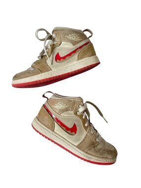 Nike Air Jordan 1 Mid Girls Beige Pink Swoosh High Top Sneakers Kids Size 12C